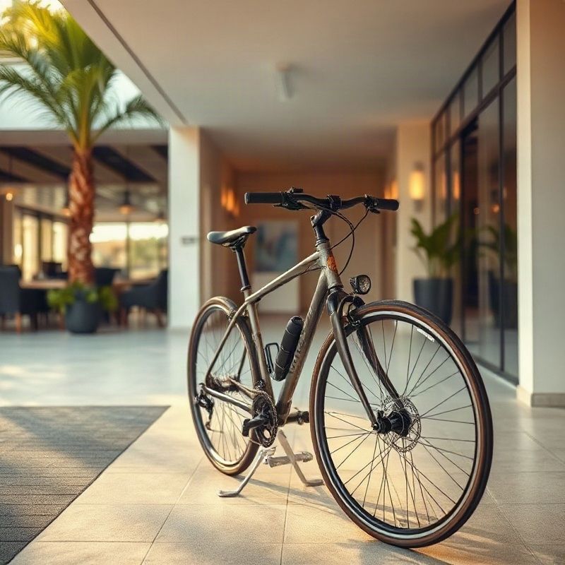 Mãos verificando os cabos de freio de uma bicicleta no suporte da oficina.