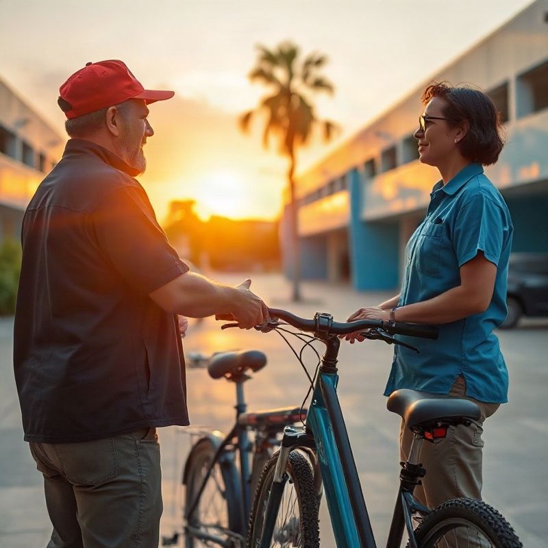 Equipe conferindo uma bicicleta urbana junto à bancada azul da oficina antes do orçamento
