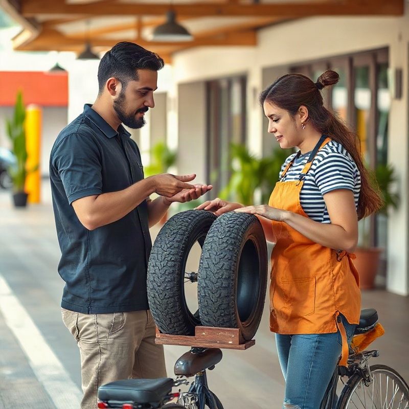 Atendente compara dois pneus com o componente antigo trazido por um cliente ao balcão da bicicletaria.