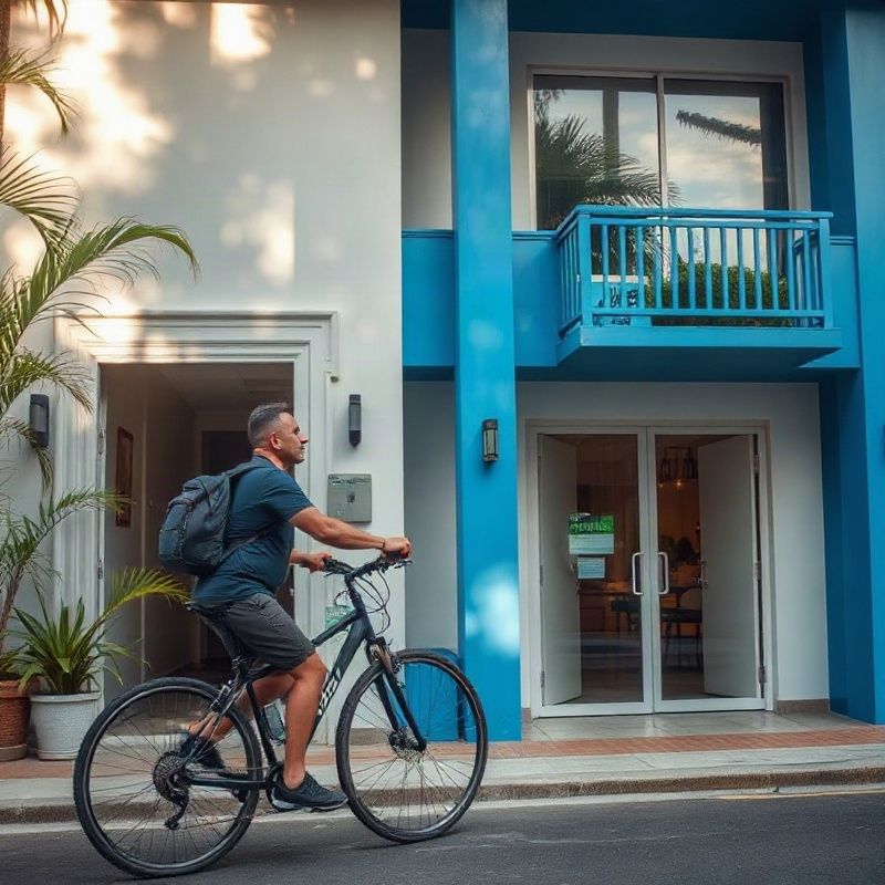 Ciclista chegando com a bicicleta à entrada da oficina, com o balcão azul visível.